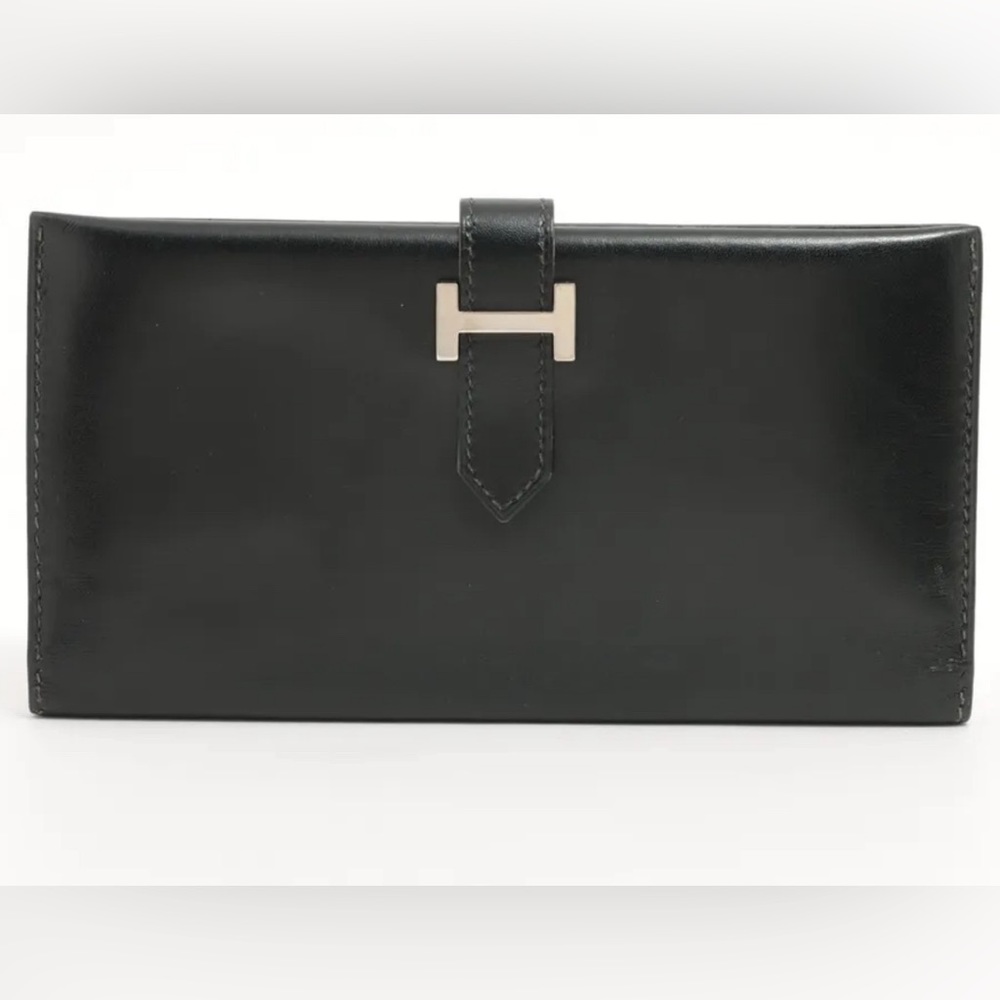 Hermes Bearn Box Calfskin Wallet Black Silver Hardware